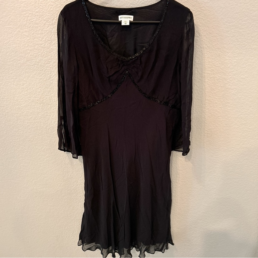 Black Maternity Cocktail Dress Beaded Chiffon Asymmetrical Fairy Bell Sleeves M